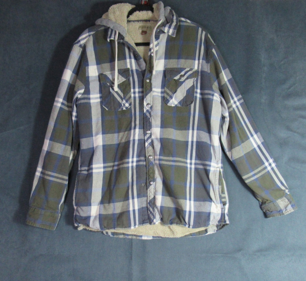 Sonoma Shacket Jacket Mens Large Green Plaid Hooded Sherpa Lined Camping Thick